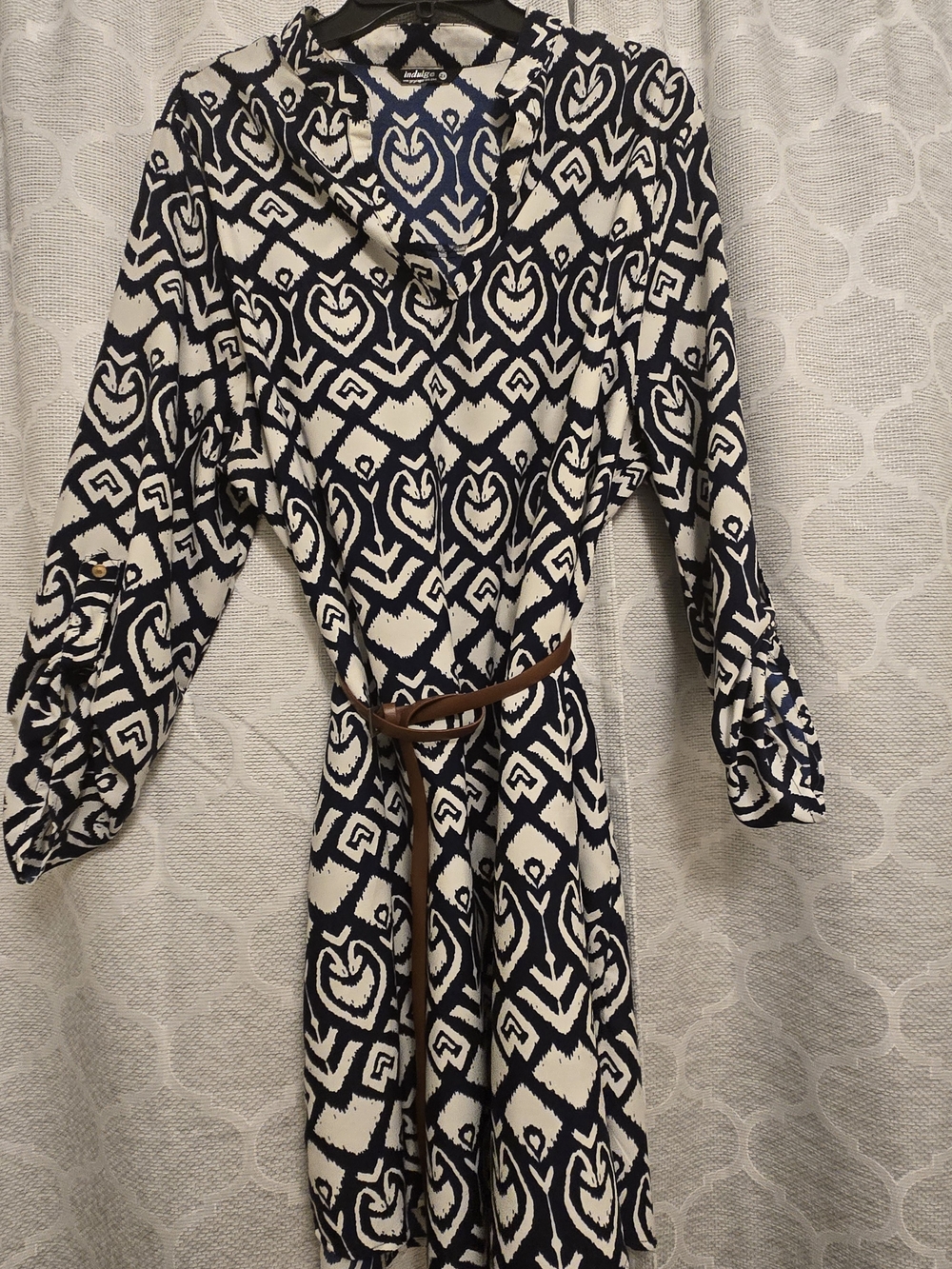 indulge Navy and White Geometric Belted Long Sleeve Dress